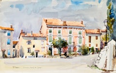 Französische Aquarelllandschaft mit Dorfhäusern und dem Château Haut de Spesse