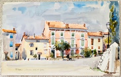 Französische Aquarelllandschaft mit Dorfhäusern und dem Château Haut de Spesse