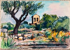 Old Stone Bell Tower Among Trees in the French Countryside Watercolour Landscape