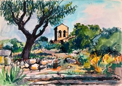 Old Stone Bell Tower Among Trees in the French Countryside Watercolour Landscape