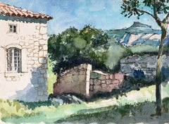 Provençal Stone House Garden and Distant Hills Le Simpson French Watercolour