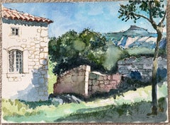 Provençal Stone House Garden and Distant Hills Le Simpson French Watercolour