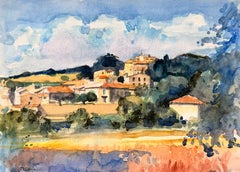 Sunlit French Hilltop Village with Red Roofs and Golden Fields French Landscape