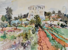 Provençal Landscape with Fortress, Gardens & Cypress Trees French Landscape
