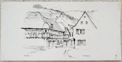 Die Straße im französischen Dorf Andlau mit traditionellen Häusern – Schwarz-Weiß-Landschaftsbild