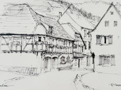 Die Straße im französischen Dorf Andlau mit traditionellen Häusern – Schwarz-Weiß-Landschaftsbild