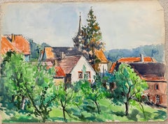 Paysage à l'aquarelle représentant le village français de Belmot, avec son église et ses jardins de la source