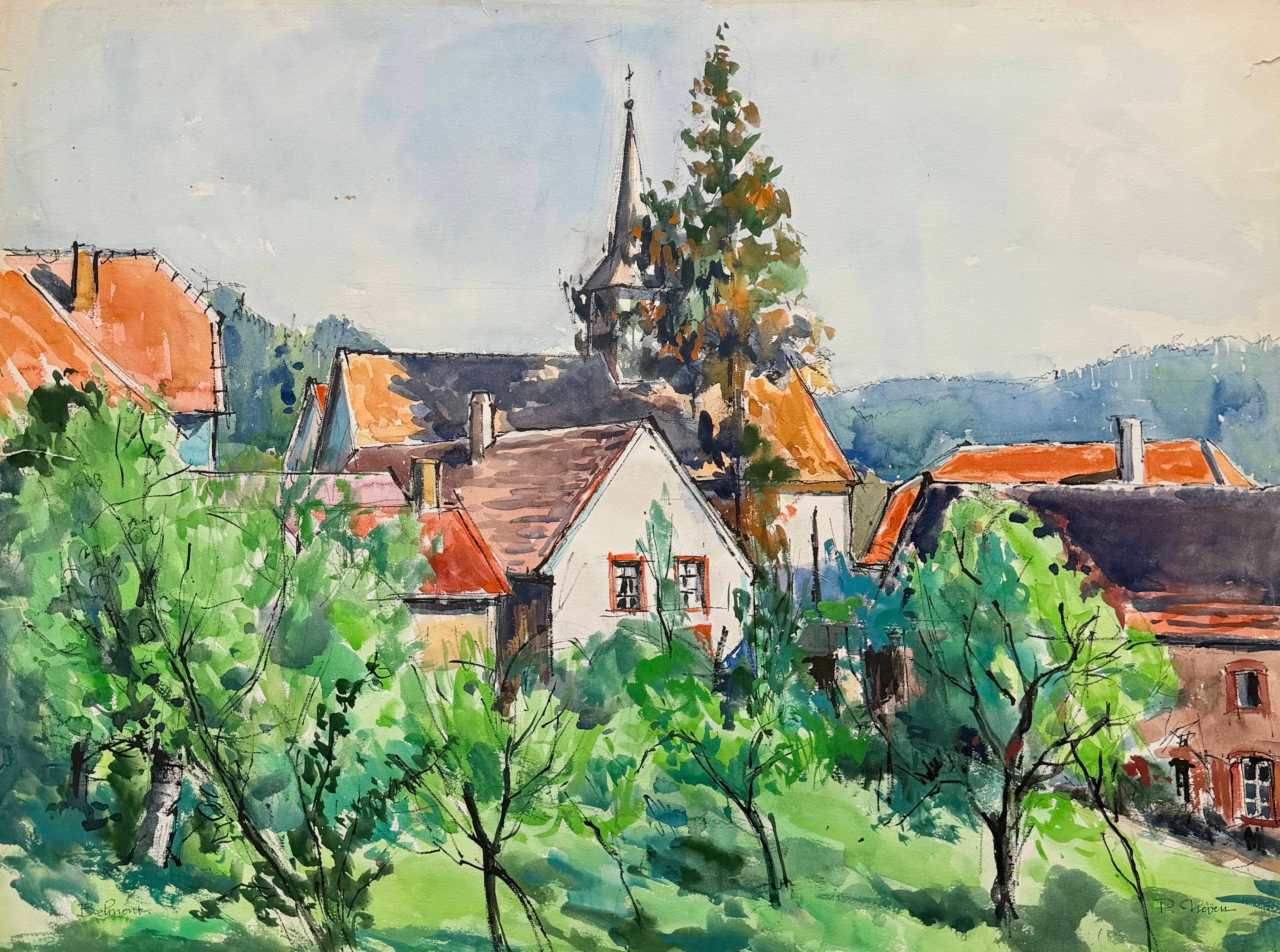 Das französische Dorf Belmot mit Kirche und Quellgärten – Landschaftsbild in Aquarell