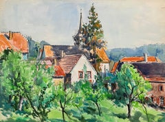 Paysage à l'aquarelle représentant le village français de Belmot, avec son église et ses jardins de la source