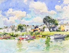 Érizac, village côtier français avec ses bateaux de pêche – Aquarelle