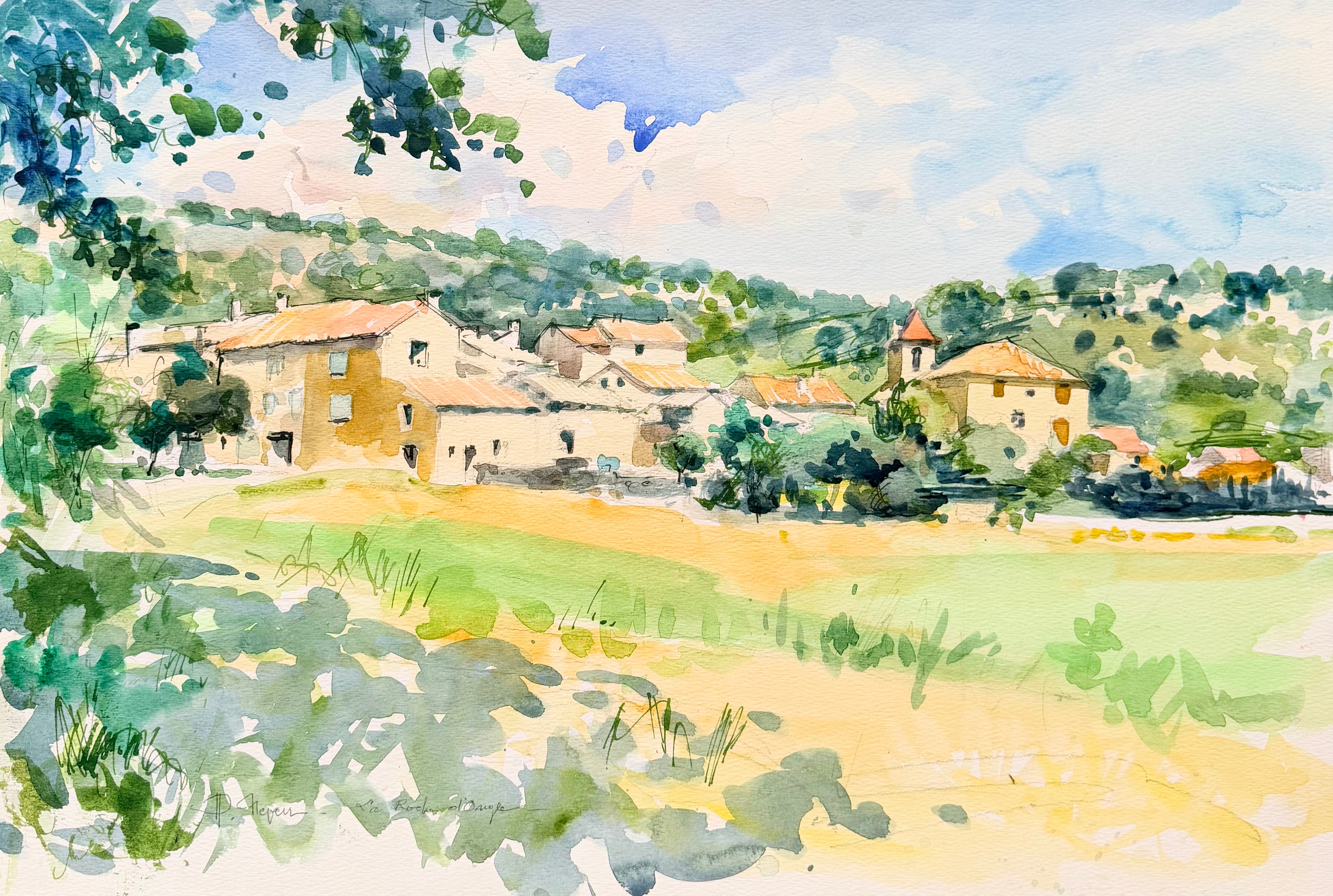 La Roque d’Anthéron Provençal Village Landscape Watercolour Painting