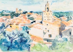Village des Cévennes avec clocher et toits en terre cuite – Paysage à l'aquarelle