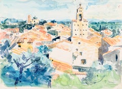 Village des Cévennes avec clocher et toits en terre cuite – Paysage à l'aquarelle
