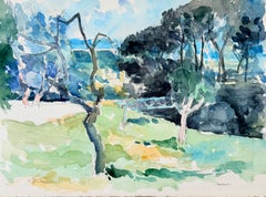 French Blue Sky Woodland Landscape with Stone Bridge and Distant Hills