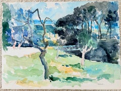 French Blue Sky Woodland Landscape with Stone Bridge and Distant Hills