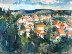 Trélon : village aux toits orange au cœur de collines boisées – aquarelle