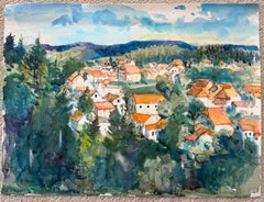 Trélon French Orange Roof Village Amongst Wooded Forest Hills Watercolour