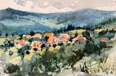 Paysage à l'aquarelle représentant le village de Belmont French Mountain avec ses toits en terre cuite