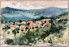 Paisaje en acuarela de Belmont French Mountain Village con tejados de terracota