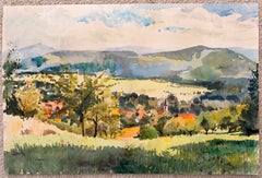 Autumn Oberhaslach French Village and Rolling Mountain Watercolour Landscape