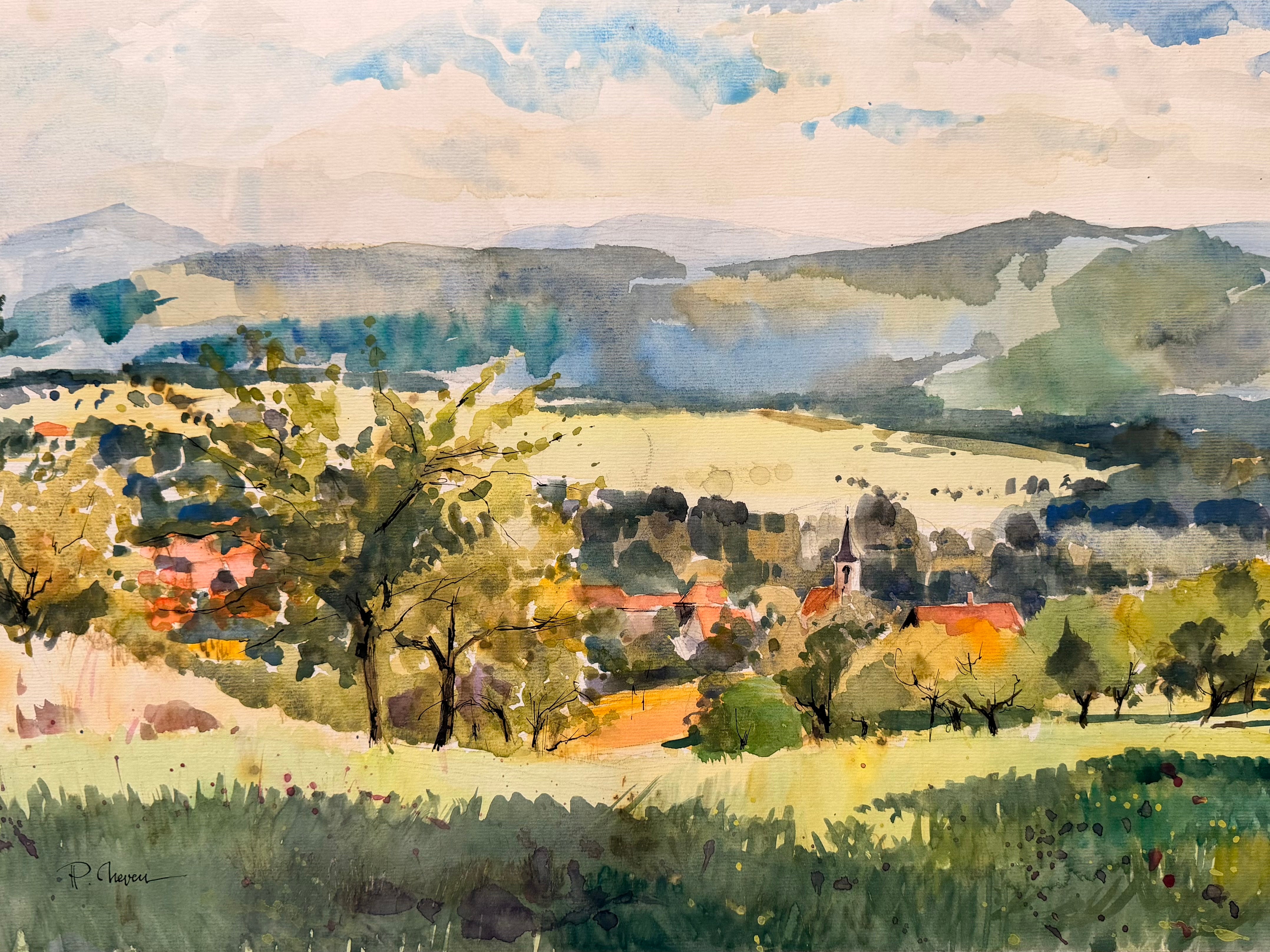 Pierre Neveu Landscape Art – Herbst in Oberhaslach – ein französisches Dorf und eine hügelige Berglandschaft in Aquarell