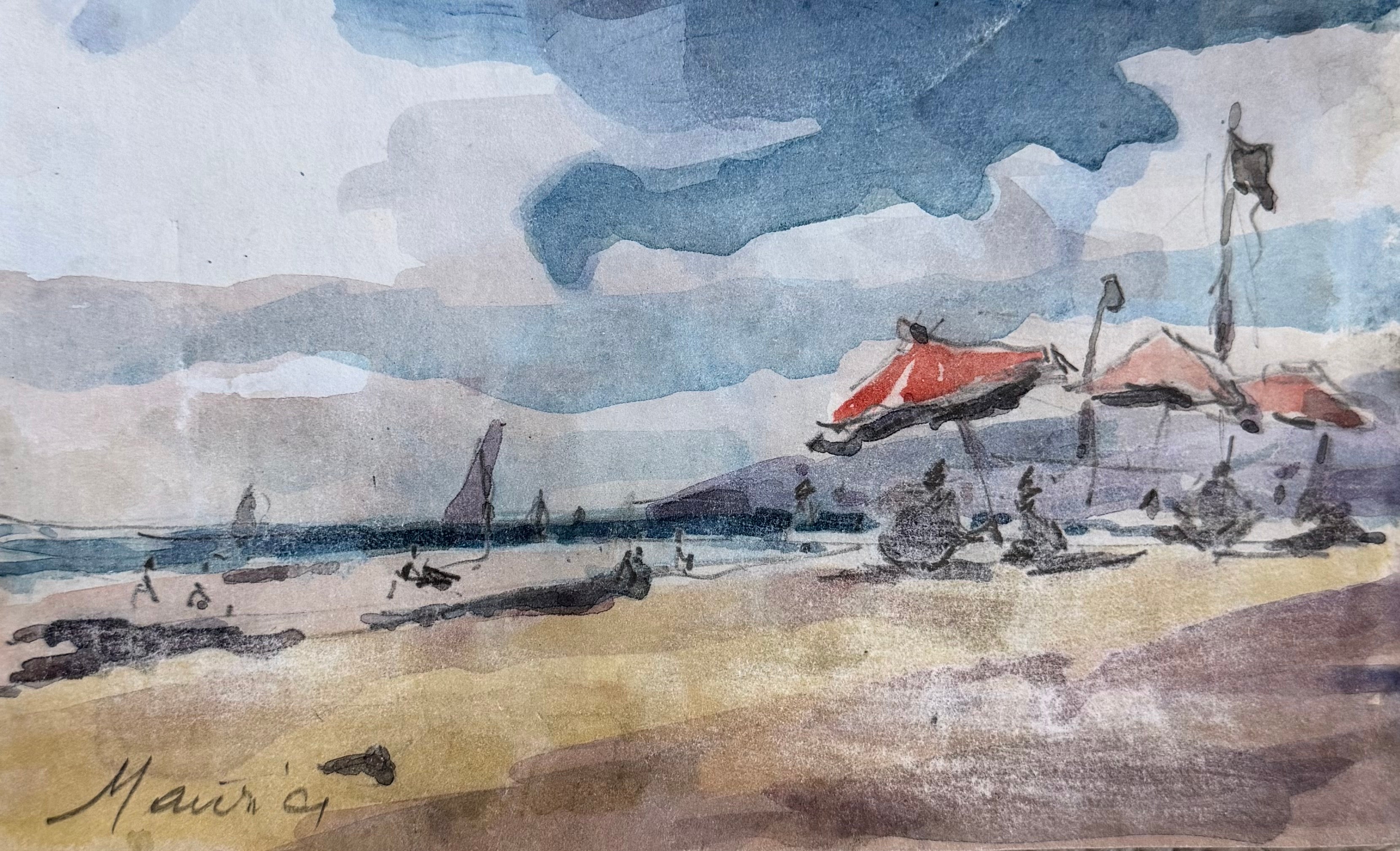 Coastal Beach Scene with Parasols and Sailing Boats French Watercolour