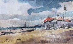 Coastal Beach Scene with Parasols and Sailing Boats French Watercolour