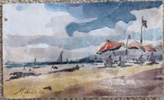 Strandszene an der Küste mit Sonnenschirmen und Segelbooten – französische Aquarellmalerei
