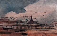 Seaside Pier with Seagulls under a Dramatic Sky French Watercolour Landscape