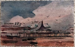 Seaside Pier with Seagulls under a Dramatic Sky French Watercolour Landscape