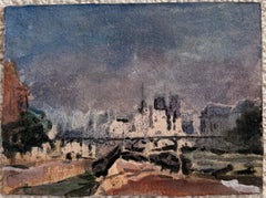 French Watercolour Landscape of Paris Under a Dramatic Stormy Sky