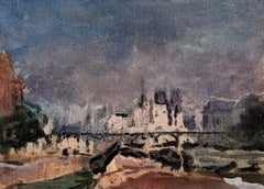 French Watercolour Landscape of Paris Under a Dramatic Stormy Sky