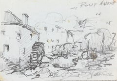 Französische Bleistift-Landschaftsstudie von Pont-Aven in der Bretagne, Frankreich