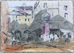 Scena di strada parigina con personaggi e architettura storica – Acquerello francese