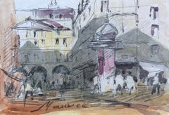 Scena di strada parigina con personaggi e architettura storica – Acquerello francese