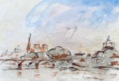 Paris Riverside with Bridge and Domed Buildings French Watercolour
