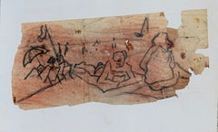 Figures Relaxing Beneath a Parasol on a French Beach Watercolour Landscape