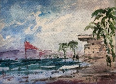 Mediterranean Coastal View with Palm Trees French Watercolour Landscape