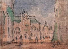 Historic French Town Street with Outlined Architecture and Figures