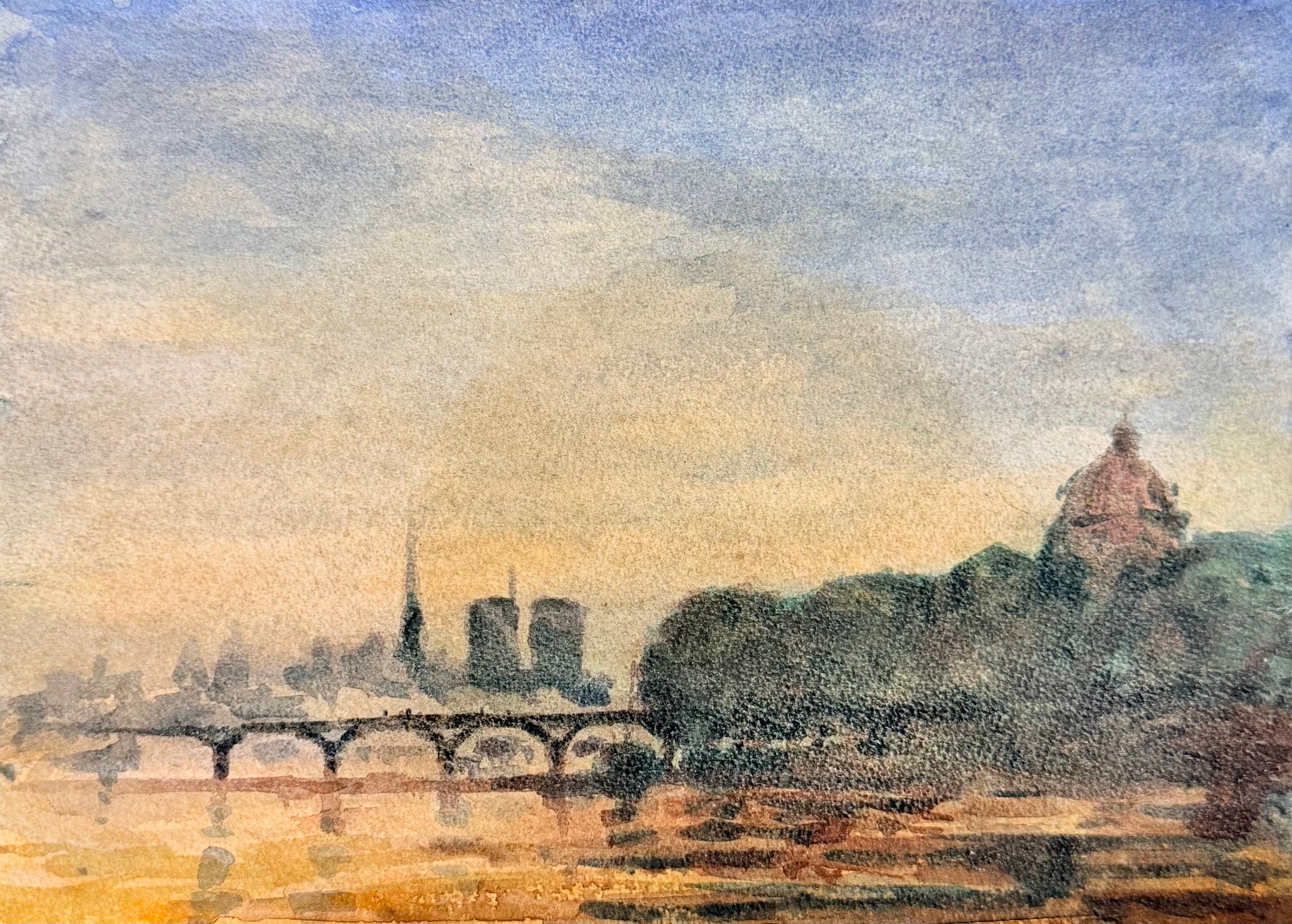 Aquarelle représentant la ligne d'horizon de Paris avec la Seine, un pont et Notre-Dame au coucher du soleil