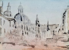 Aquarelle représentant la ligne d'horizon de Paris avec la Seine, un pont et Notre-Dame au coucher du soleil