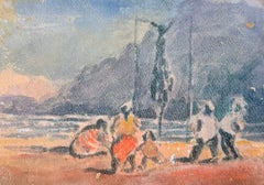 Figures Relaxing on a Mediterranean Beach beneath Dramatic Coastal Cliffs