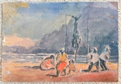 Figures Relaxing on a Mediterranean Beach beneath Dramatic Coastal Cliffs