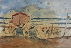 Busy French Beach Scene with Parasol, Bathers and Boats on the Coast Watercolour