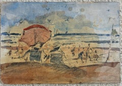 Busy French Beach Scene with Parasol, Bathers and Boats on the Coast Watercolour