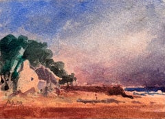 French Coastal Cottage beneath a Dramatic Evening Sky Watercolour Landscape
