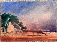 French Coastal Cottage beneath a Dramatic Evening Sky Watercolour Landscape