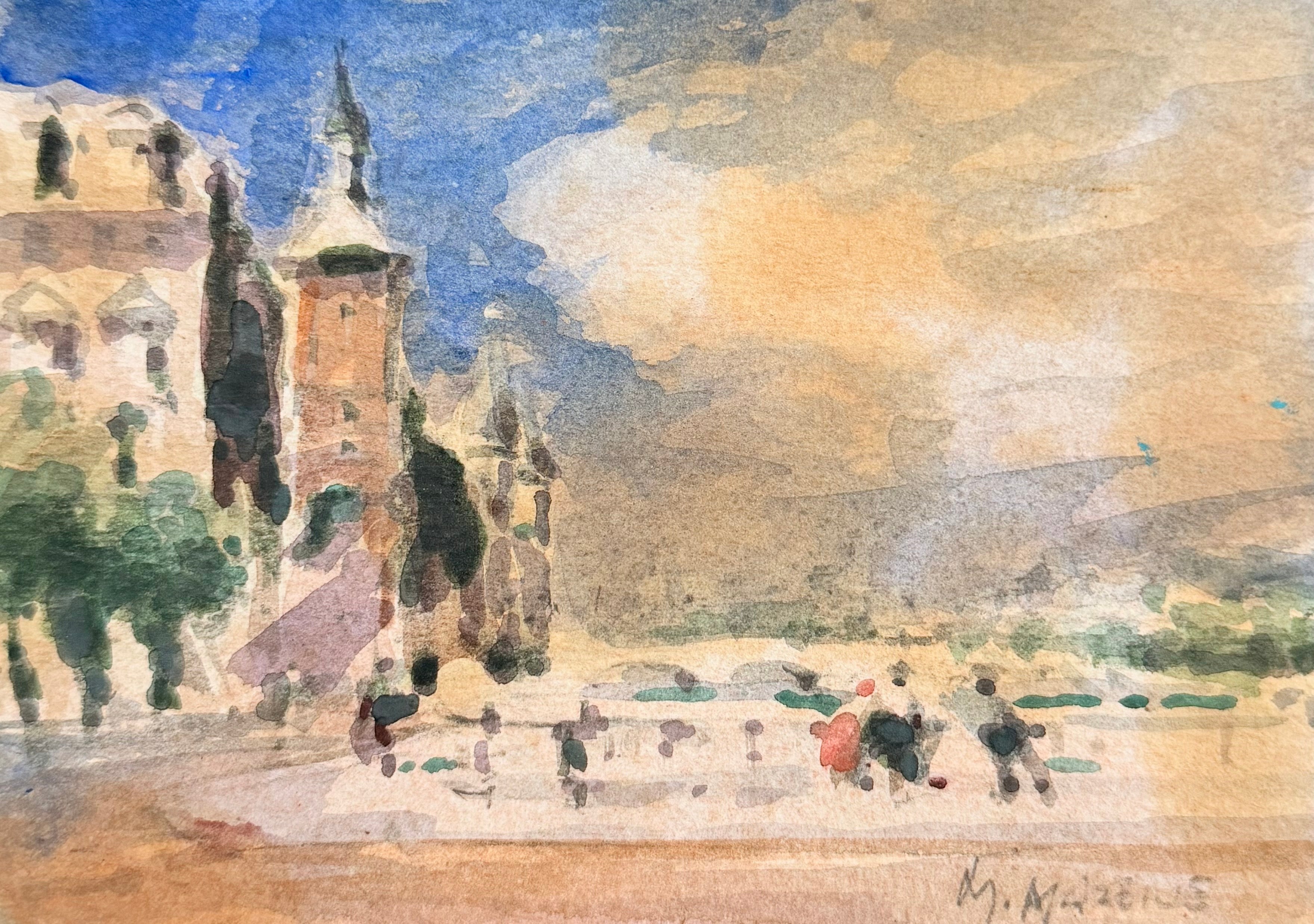 Maurice Mazeilie Landscape Painting - Parisian View across the Seine with Bell Tower, Bridge and Strolling Figures