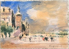 Parisian View across the Seine with Bell Tower, Bridge and Strolling Figures