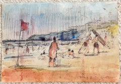 Figures on a Mediterranean Beach with Red Flag and Boats Offshore